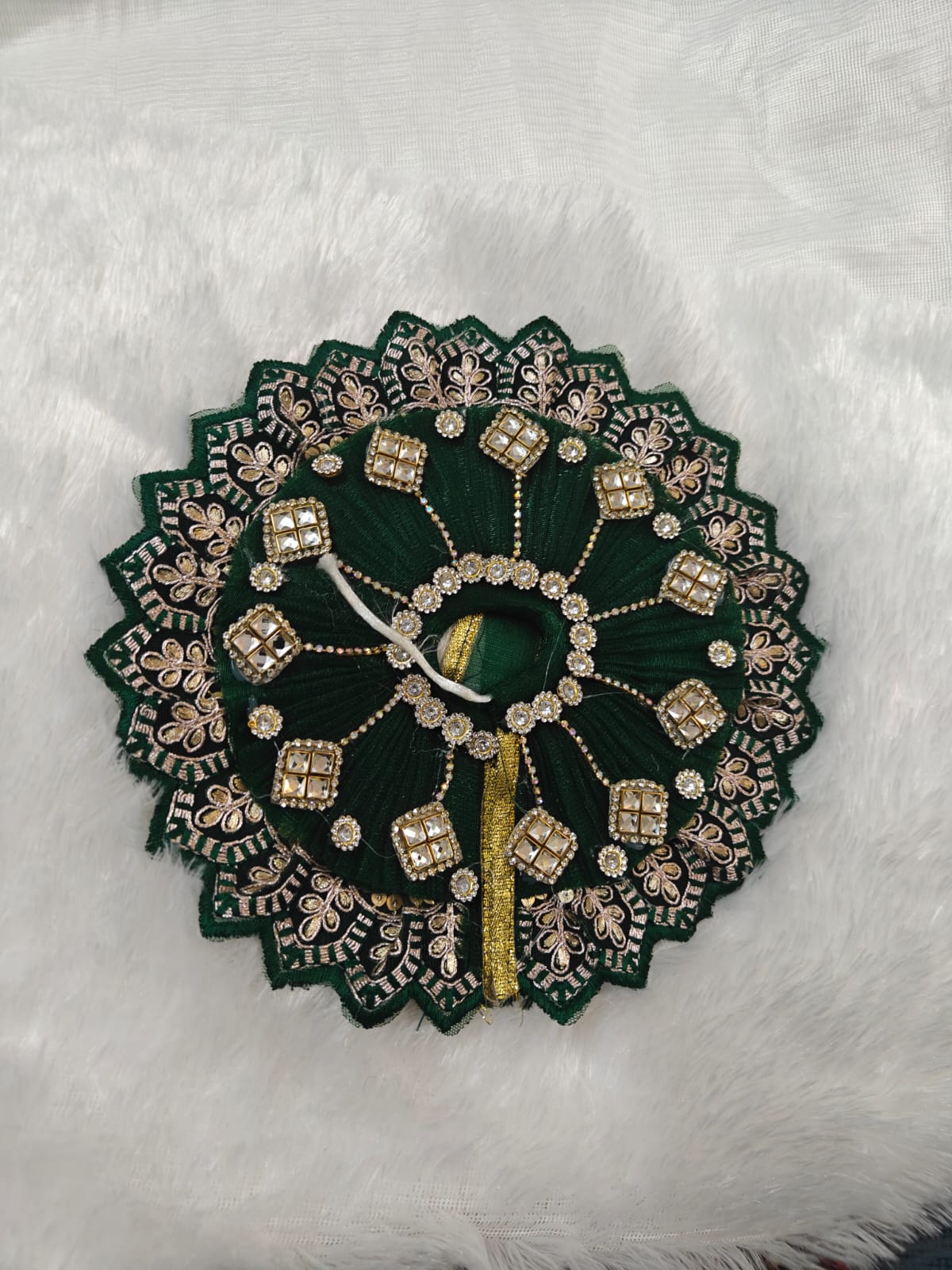 2. Royal Emerald Green Laddu Gopal Dress with Kundan Embellishments